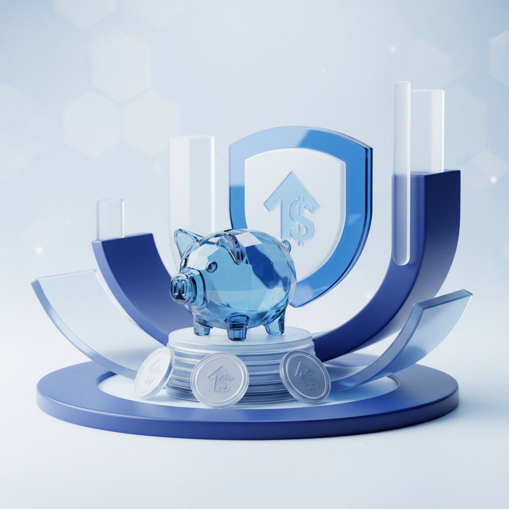 Ilustração 3D: poupança, investimento e segurança financeira com cofrinho, moedas e escudo